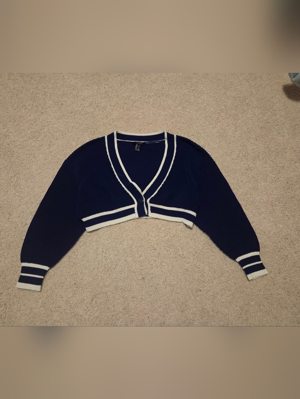 Forever 21 Navy and White Cropped Cardigan Sweater